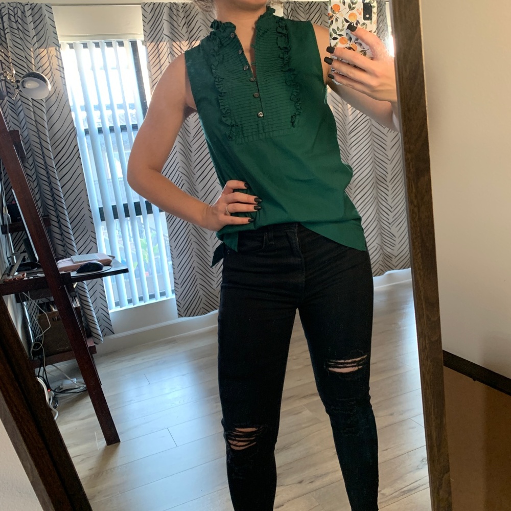 J. Crew Green/Blue Ruffle Button Tank Top - Sz 00